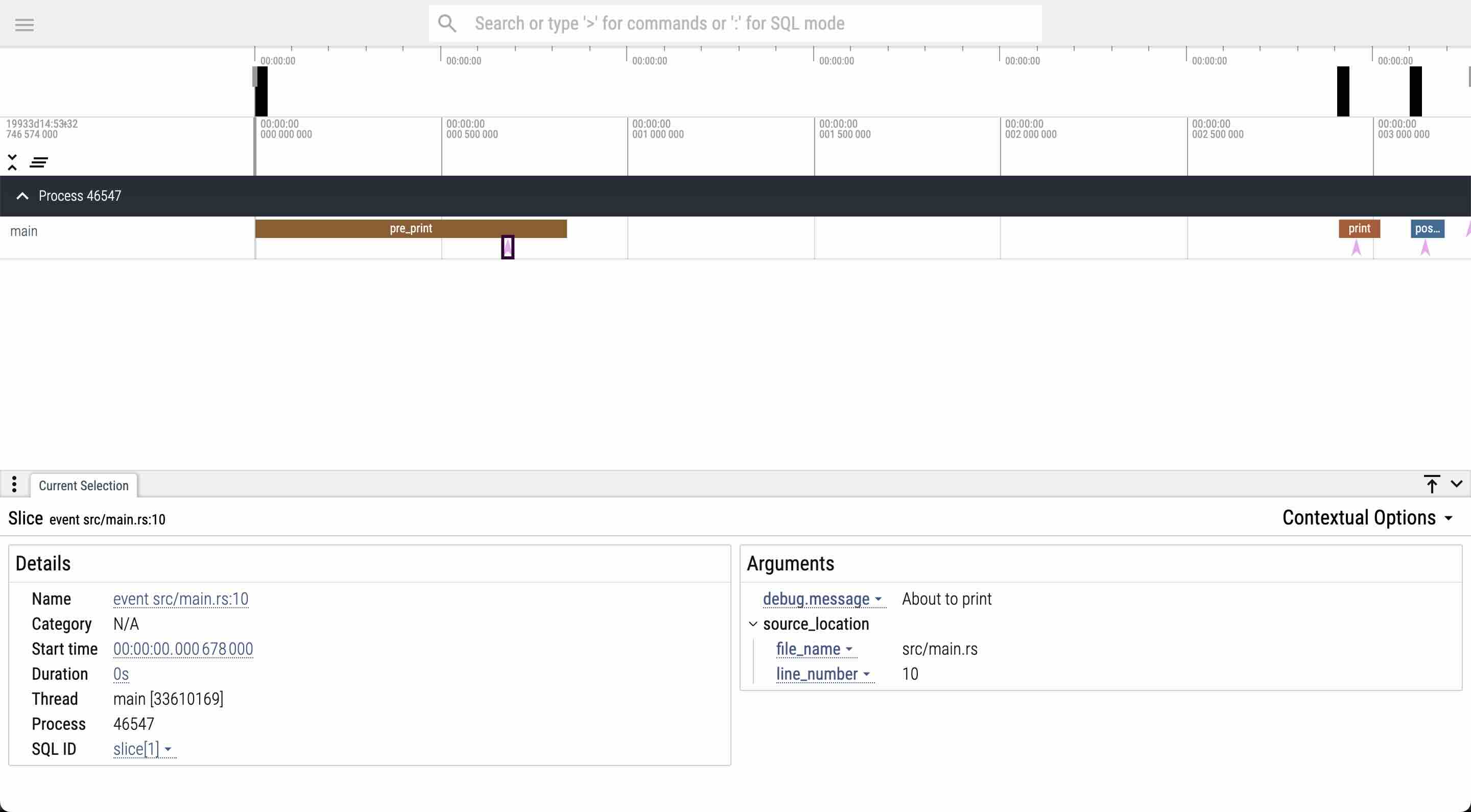 An example view of the above Rust code's trace via the Perfetto web UI. The "About to print" trace level log line is selected as an event in the timeline.